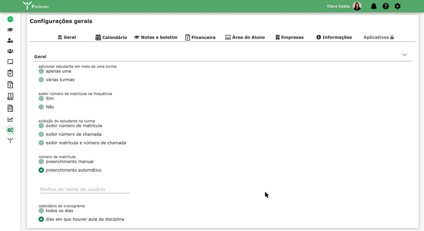 Configurações gerais na aba Geral