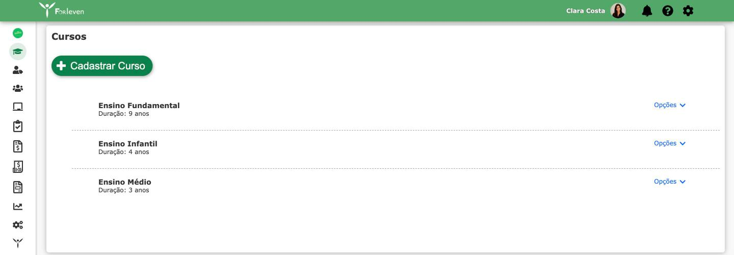 Página Cursos com a lista de cursos