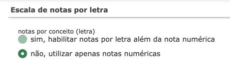 Escala de notas por letra desabilitada