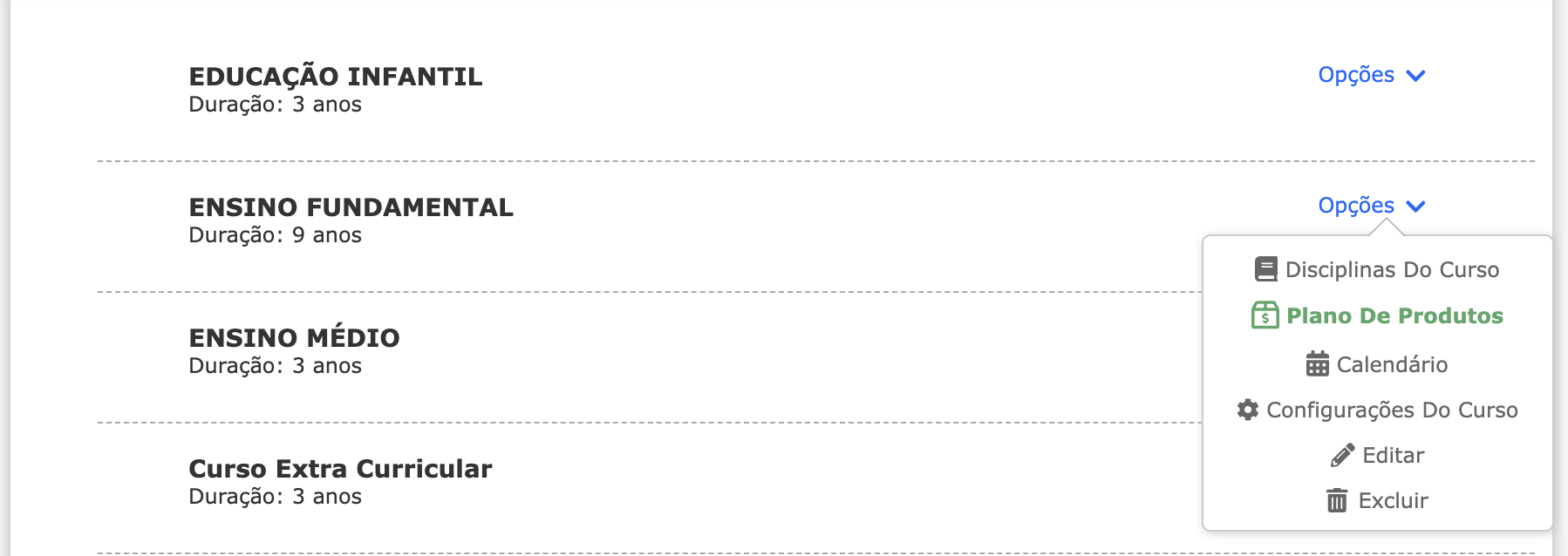 Menu Opções de um curso, com a opção Plano de Produtos