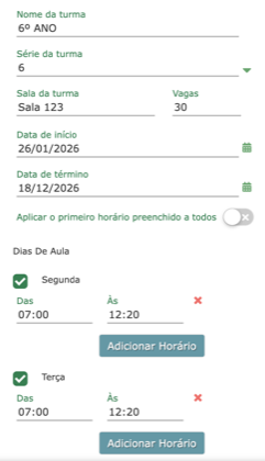 Exemplo de turma preenchida, com nome, série, sala, vagas, datas e os dias Segunda e Terça com horário das 07:00 às 12:20