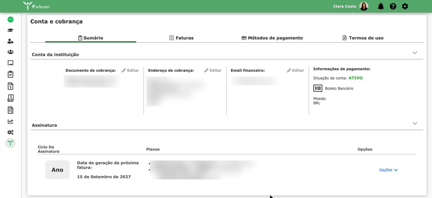 Conta e cobrança na aba Sumário