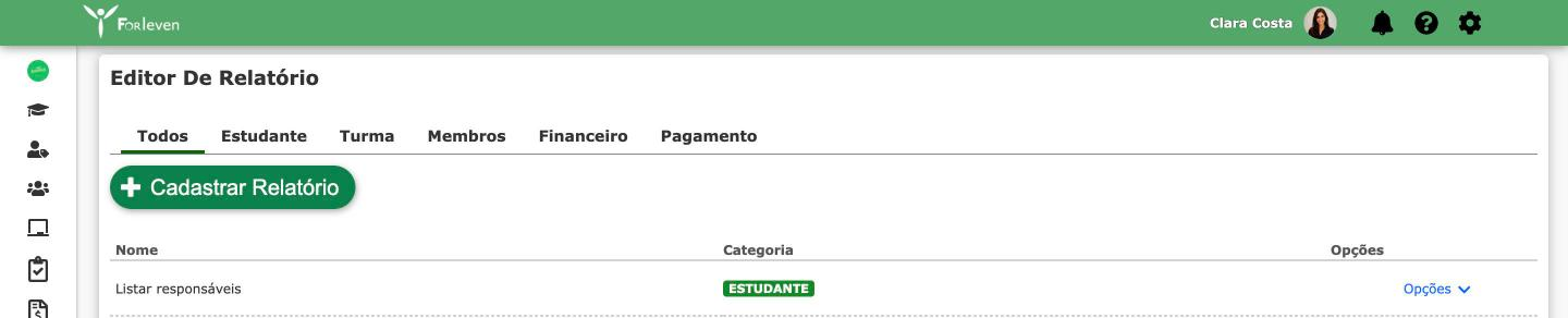 Editor de Relatório com as abas por categoria
