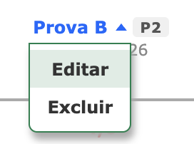 Menu da prova com as opções Editar e Excluir