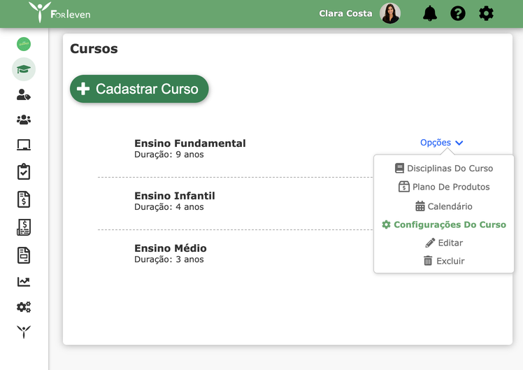 Lista de cursos com o menu Opções aberto