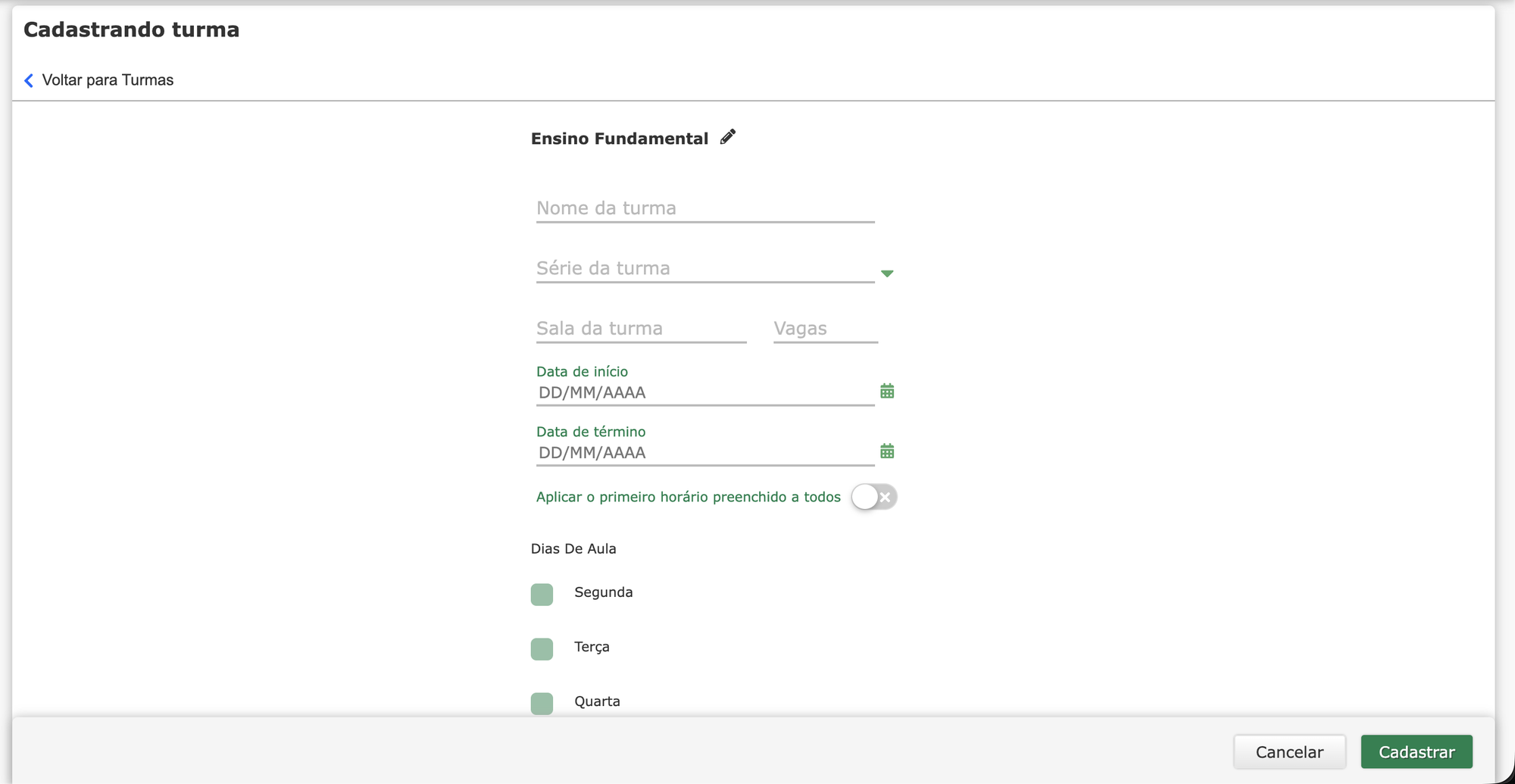 Formulário com os dados da turma: nome, série, sala, vagas, datas e dias de aula