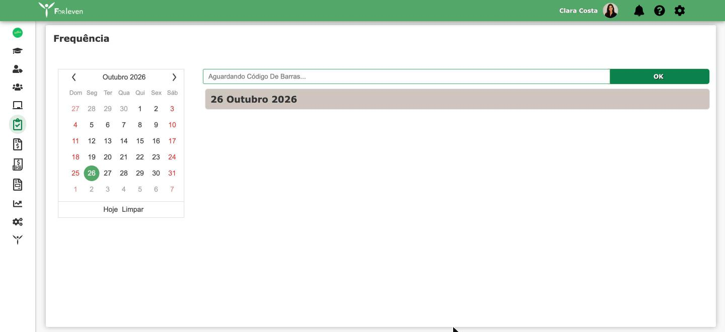 Página Frequência com o calendário e o campo de código de barras