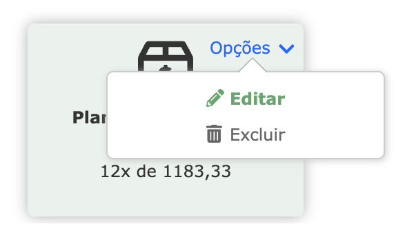 Opções de um produto, com Editar e Excluir